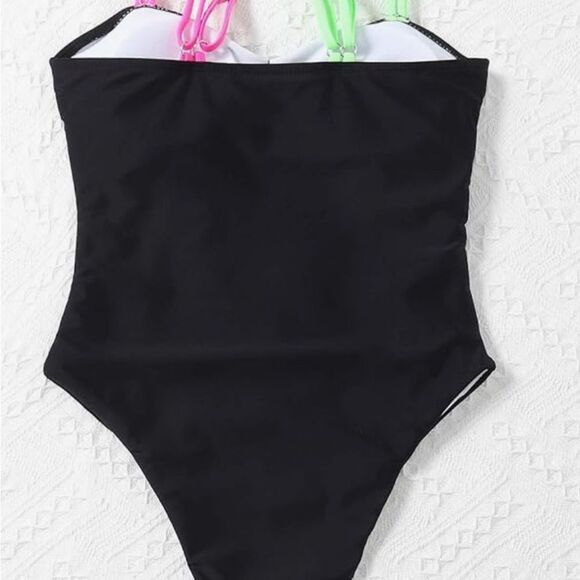Women’s Swimsuit - One Piece, Neon Spaghetti Straps - Black,Pink,Green - M - NWT - Picture 2 of 3